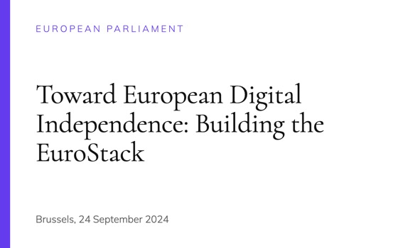 Card reading “European Parliament — Toward European Digital Independence: Building the EuroStack, Brussels, 24 September 2024”.