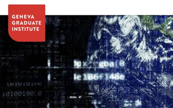 The Graduate Institute's logo atop a blurry picture of the world