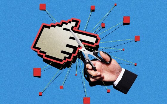 Collage of a hand in a suit sleeve cutting a pixelated mouse-pointer hand with scissors, the cursor tied by dotted lines to red squares, on a blue background.