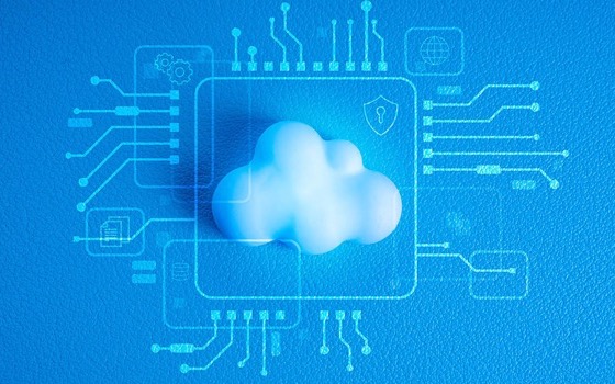 Illustration of a white cloud sitting on a computer chip, drawn in glowing circuit lines on blue.