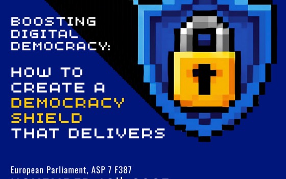 Poster for “Boosting Digital Democracy: How to create a Democracy Shield that delivers”, with a pixel-art padlock on a blue shield.