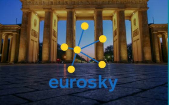 The old Eurosky logo in front of the Brandenburg Gate