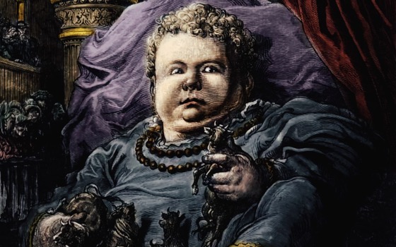 A very large baby (extract from an engraving of Pantagruel) grabbing fistfuls of cows, likely to eat them.