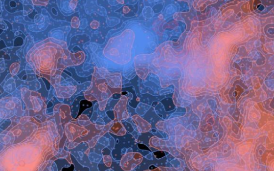 Abstract overlapping blue and orangish shapes.