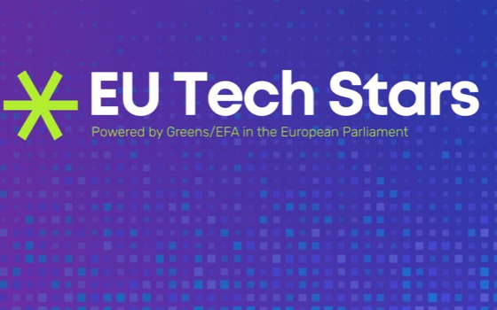 EU Tech Stars — powered by Greens/EFA in the European Parliament, on a purple pixel background.