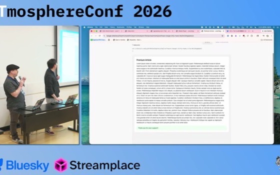 The ATmosphereConf 2026 livestream frame: two speakers at a lectern beside a slide showing a rendered document.