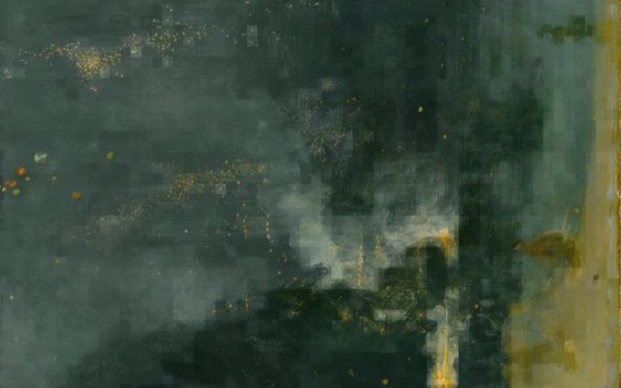 Abstract and pixellated starry fireworks night, based on Nocturne in Black and Gold: The Falling Rocket (1875), by James McNeill Whistler.