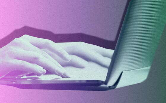 Illustration of a hand typing on a laptop keyboard, washed in a pink-to-green gradient.