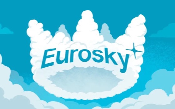 The word “Eurosky” written across a cumulus cloud against a bright blue sky.