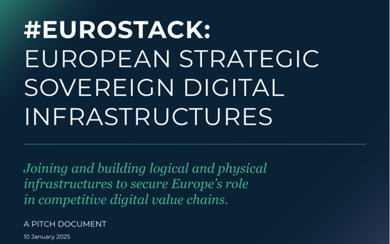 Cover of the pitch document: “#EuroStack: European Strategic Sovereign Digital Infrastructures” in white on dark blue, with the EuroStack logo.